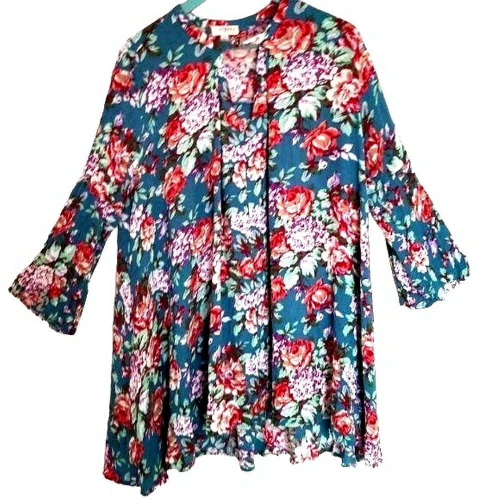 Umgee long tunic top mini dress floral bell sleeve fall summer size medium